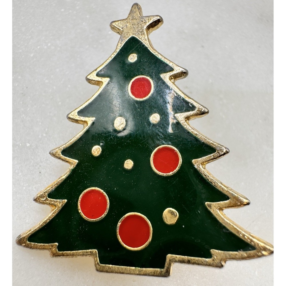 Christmas Tree Brooch Green Enamel Red Ornaments Gold Tone Holiday Pin Vintage